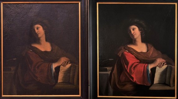 Before and after pictures of an oil painting restoration